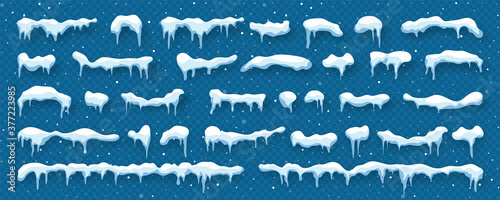 Snow, ice caps isolated on blue transparent background. Snowfall with snowflakes. Winter season. Christmas card design element. Vector illustration.