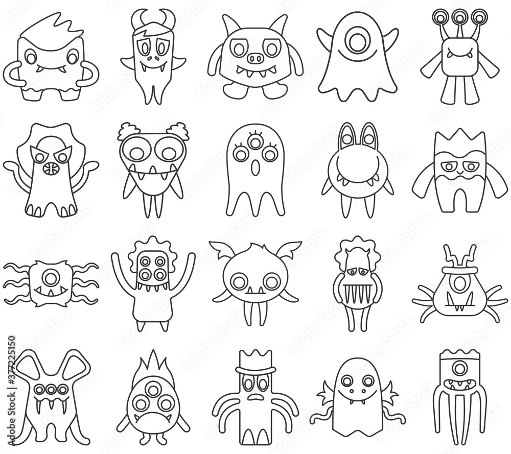 Collection of monsters in outline style. Big set of various icons.