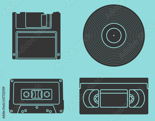 Outdated technologies in glyph style. Set of various icons.