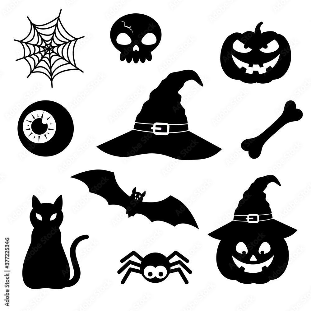 Set of objects silhouette for halloween: witch hat, spider, web, pumpkin, cat, bat, skull, eye. Black and white shapes isolated on white background. Stock vector illustration.