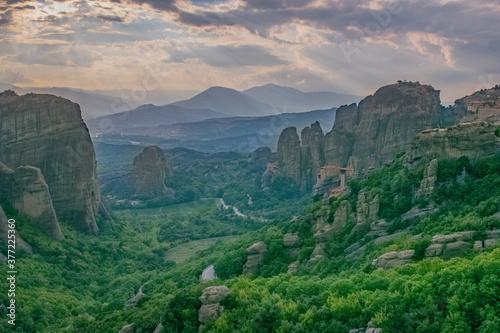 View of Meteora Valley with rocks and Monastery