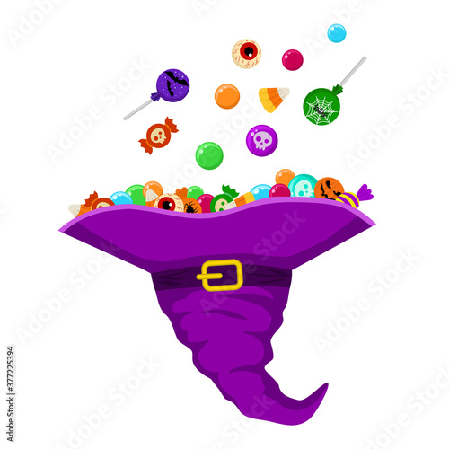  Purple witch hat with candies and lollipops. Witch hat with sweets isolated on a white background. Stock vector illustration. Illustration for the holiday Halloween.