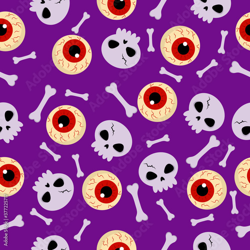 Halloween seamless pattern. Vector pattern with skull, bones and eyes on a purple background. For design of fabrics, packaging and wallpapers.