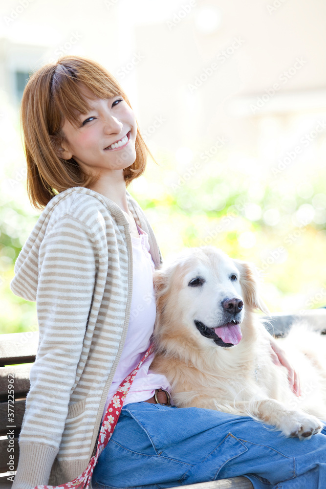 公園のベンチに座る犬と女性 公園のベンチに座る犬と女性