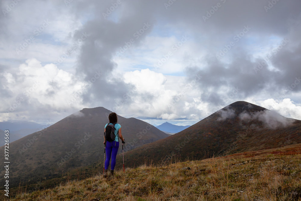 Fototapeta premium Adventurous Girl Hiking up the Nares Mountain during a cloudy and sunny evening. Taken at Carcross, near Whitehorse, Yukon, Canada.
