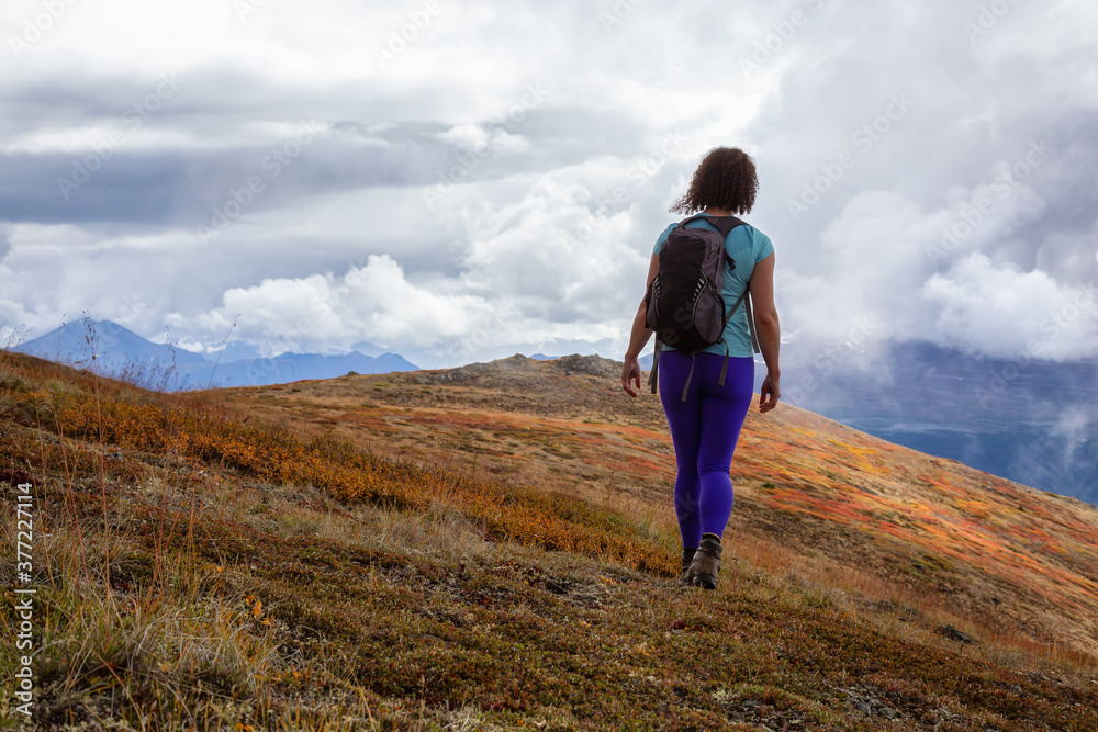 Adventurous Girl Hiking up the Nares Mountain during a cloudy and sunny evening. Taken at Carcross, near Whitehorse, Yukon, Canada.