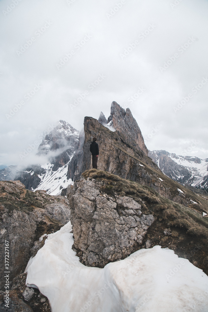 Hiker in Seceda, Dolomites, Italy