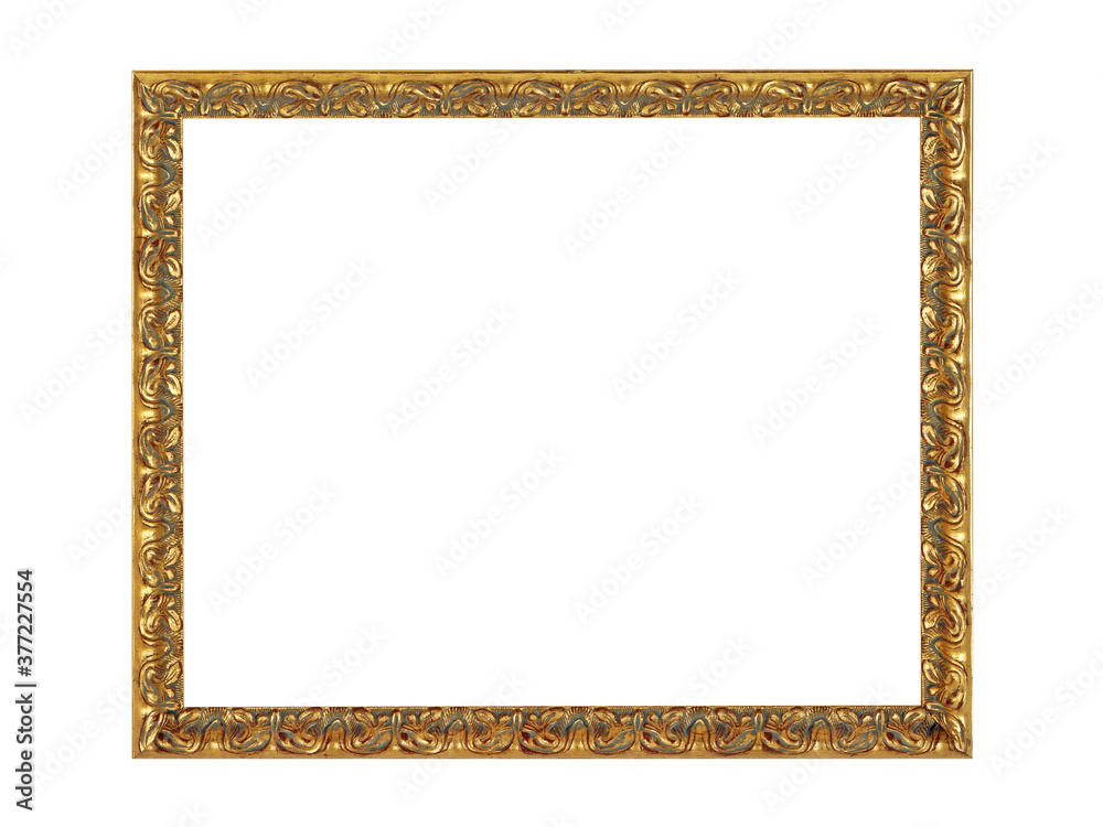 Wooden frame for paintings with gold patina. Isolated on white Wooden frame for paintings with gold patina. Isolated on white