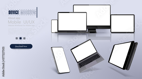 Vector minimalistic 3d isometric illustration set device. Smartphone, laptop, pc, tablet, perspective view. Side and top view. Mockup generic device. Template for infographics or presentation