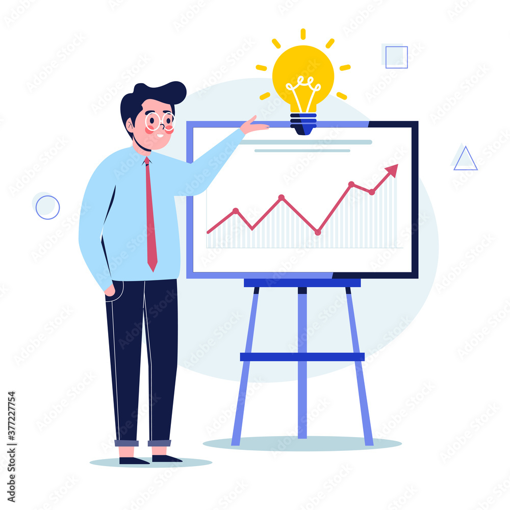 Young businessman presentation screen board explaining charts. Flat design vector illustration Young businessman presentation screen board explaining charts. Flat design vector illustration