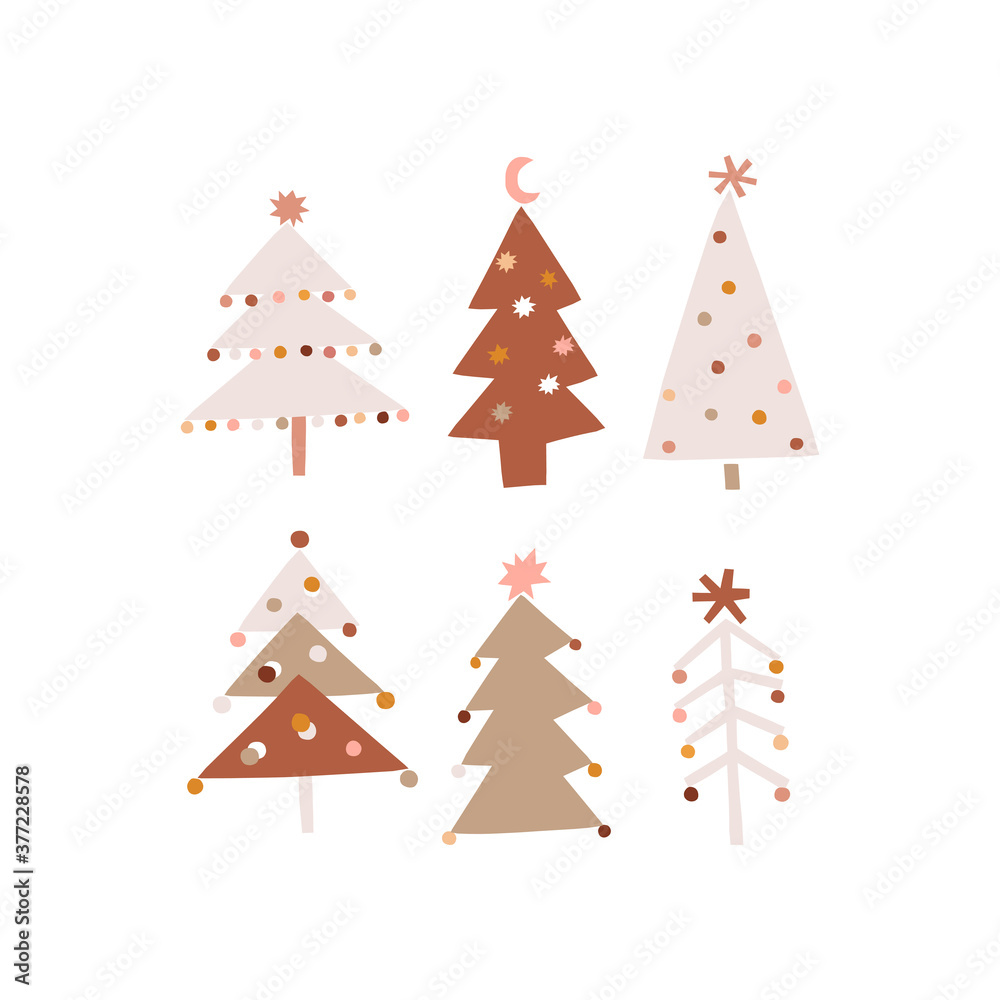 Festal Boho Christmas tree illustration set. Simple abstract geometric flat vector design. . Vector illustration