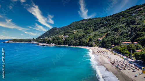 A sunny day on the beautiful Agios Ioannis beach at Pelion Peninsula, Greece. Photo taken whit drone.