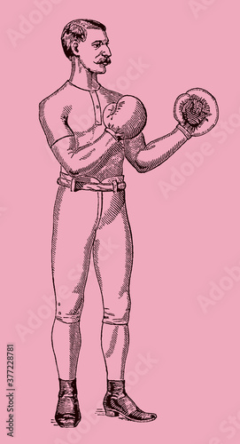 Vintage boxer in upright stance, isolated on pale pink background, after antique illustration from 19th century