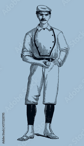 Vintage baseball player in frontal view holding a ball, isolated on a pale blue background, after an antique illustration from the 19th century