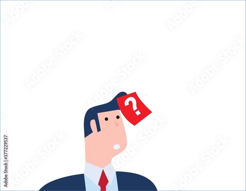 Confused businessman thinking with question mark on sticky note on hair question business concept Business people vector flat design illustration background.