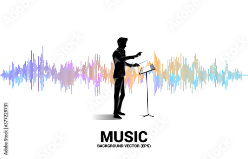 Vector silhouette of conductor standing with Sound wave Music Equalizer background. Concept background for classic music concert and recreation.