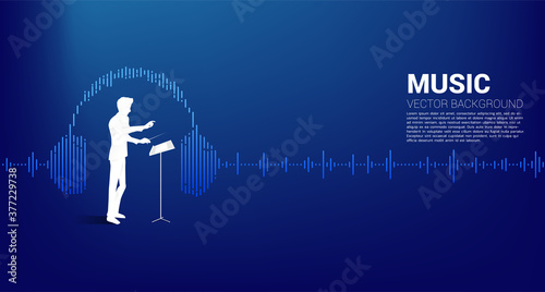 Vector silhouette of conductor standing with headphone Music Equalizer background. Concept background for classic music concert and recreation.