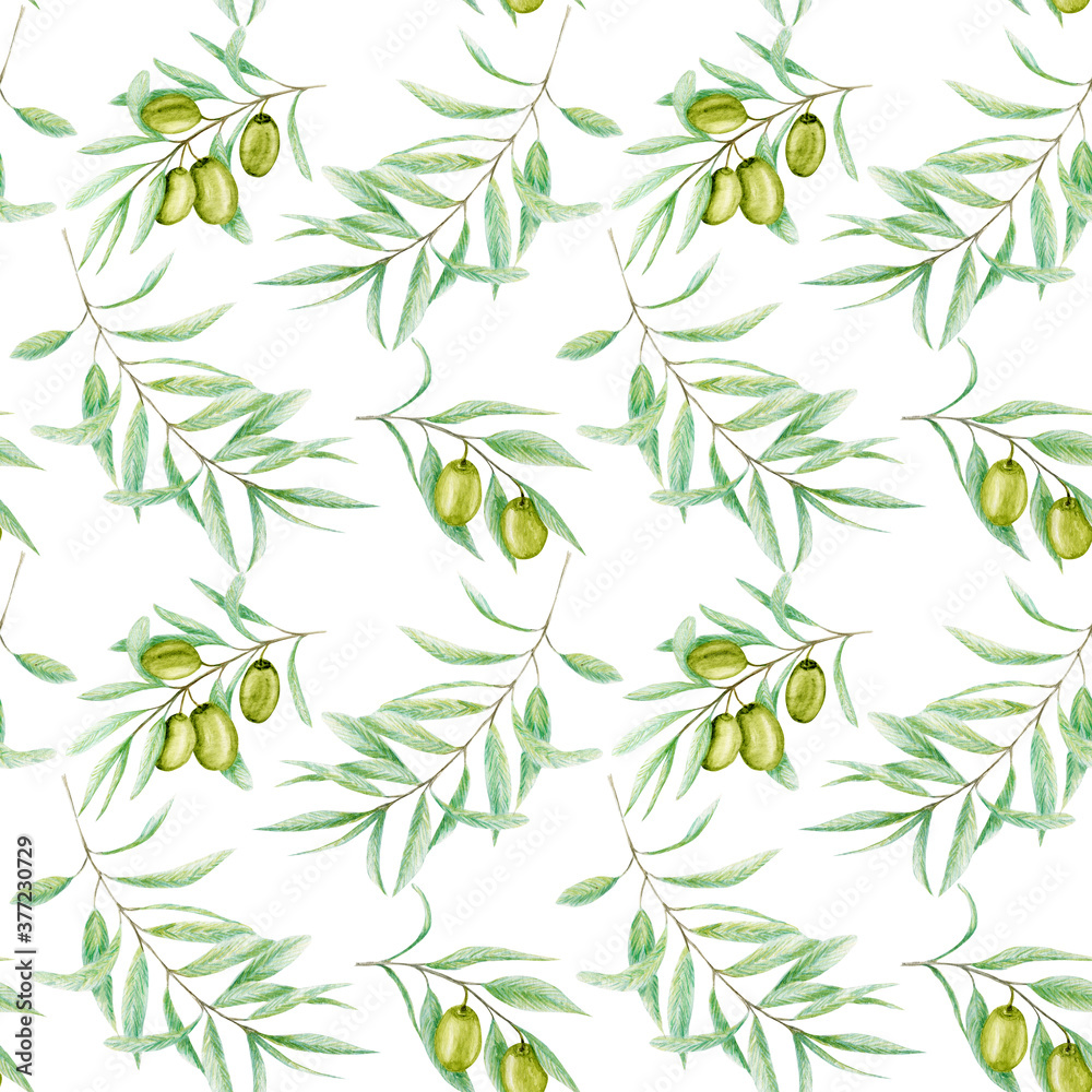 Seamless pattern Watercolor green olive tree branch leaves, Realistic olives illustration on white background, Hand painted fabric texture. Design for invitations, poster, greeting card, label concept