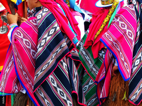 Close up of poncho which is part of dress of indigenous people. Design is typical for Pichincha province of Ecuador, South America