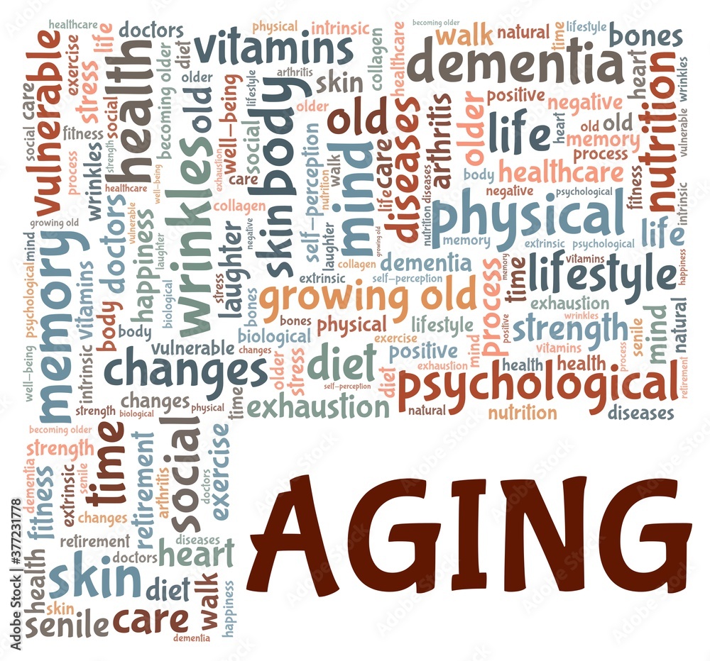 Aging vector illustration word cloud isolated on a white background. Aging vector illustration word cloud isolated on a white background.
