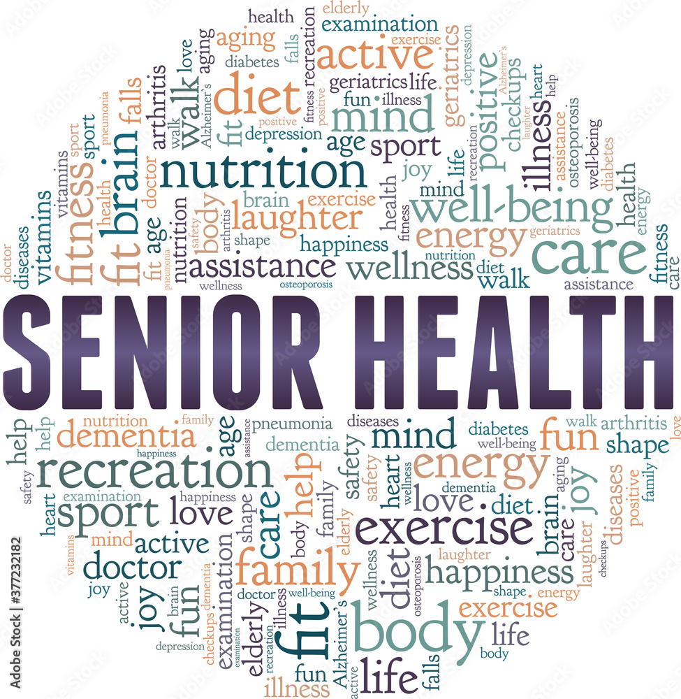 Senior health vector illustration word cloud isolated on a white background. Senior health vector illustration word cloud isolated on a white background.