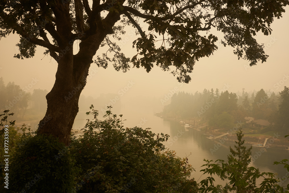 The Willamette River seen from Lake Oswego at noon during the Oregon wildfires in 2020.
