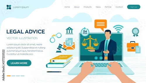 Online Legal advice concept. Labor law, Lawyer, Attorney at law. Lawyer website on laptop screen. Professional law attorney consultation online, legal assistance in business. Vector illustration.