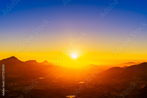 Sunset in the mountains, valley, sun