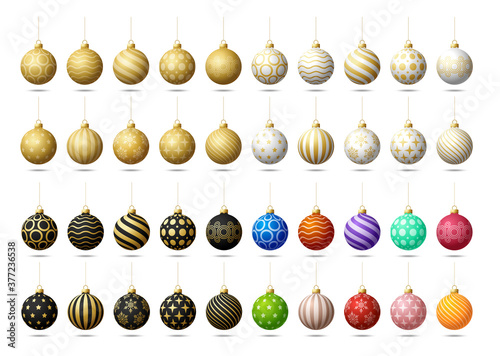 Christmas tree toy or balls mega collection set isolated on a white background. Stocking Christmas decorations. Vector object for xmas design, mockup. Vector realistic object Illustration