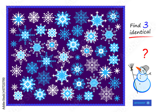 Logic puzzle game for children and adults. Find 3 identical snowflakes. Printable page for kids brain teaser book. Developing spatial thinking skills. IQ test. Task for attentiveness. Play online.