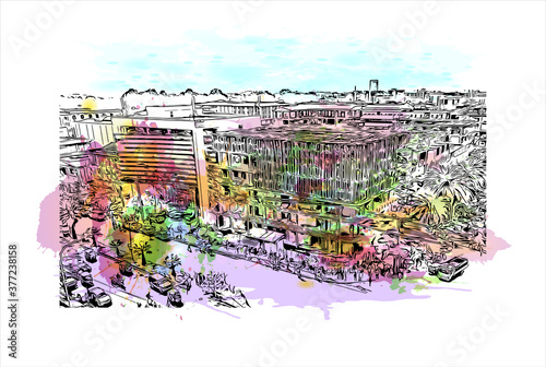 Building view with landmark of Bahir Dar is the capital city of the Amhara region in northern Ethiopia. Watercolor splash with hand drawn sketch illustration in vector.