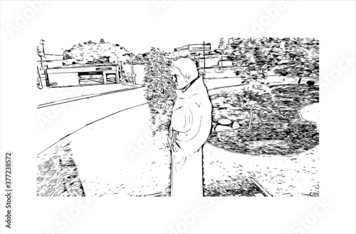 Building view with landmark of Bakersfield is a city on the Kern River, north of Los Angeles. Hand drawn sketch illustration in vector.