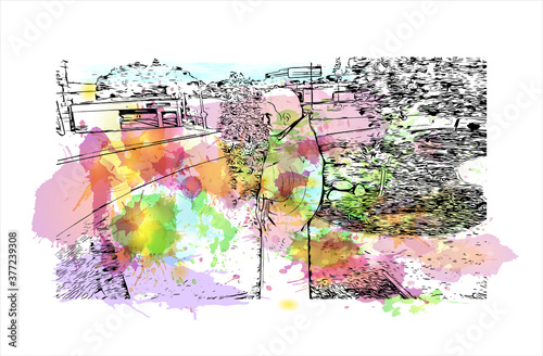 Building view with landmark of Bakersfield is a city on the Kern River, north of Los Angeles. Watercolor splash with hand drawn sketch illustration in vector.