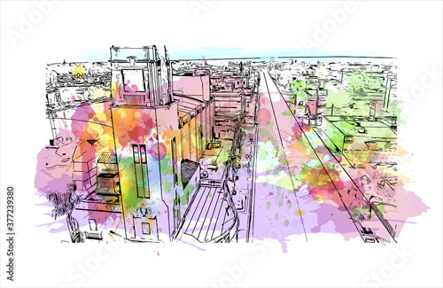 Building view with landmark of Bakersfield is a city on the Kern River, north of Los Angeles. Watercolor splash with hand drawn sketch illustration in vector.