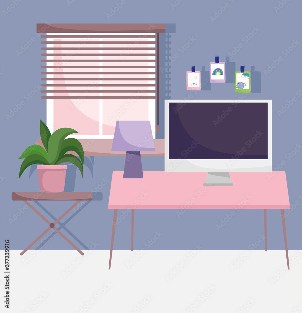 Fototapeta premium home office workplace computer on desk with lamp plant and stickers in wall
