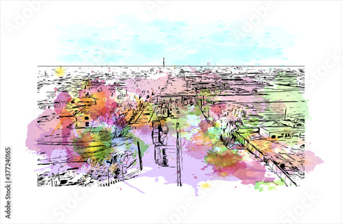 Building view with landmark of Bahawalpur, is a city located in the Punjab province of Pakistan. Watercolor splash with hand drawn sketch illustration in vector.