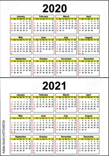 illustration of a calendar simple designed for 2020 - 2021 on isolated white background