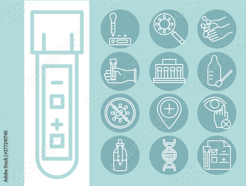 coronavirus covid 19 diagnostics research, medical equipment test sample results and prevention icons line design