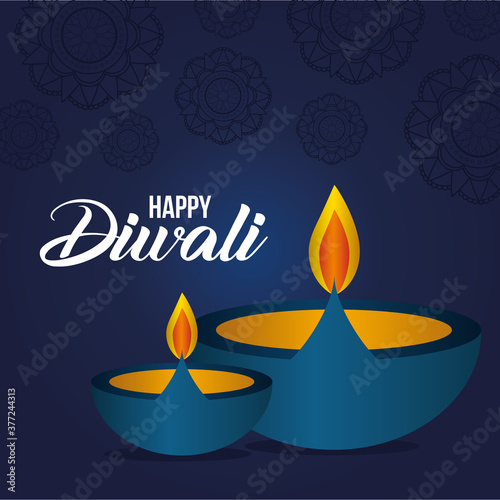 Happy diwali candles on blue with mandalas background vector design photo