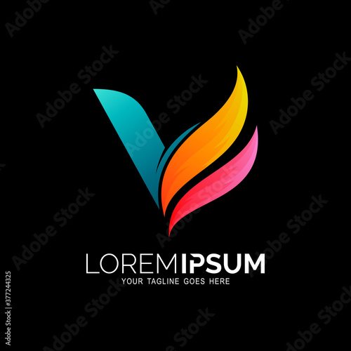 Letter V logo and fire design colorful , Flame logo with illustration logo