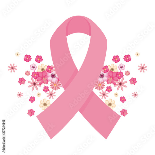 pink ribbon with flowers of breast cancer awareness vector design