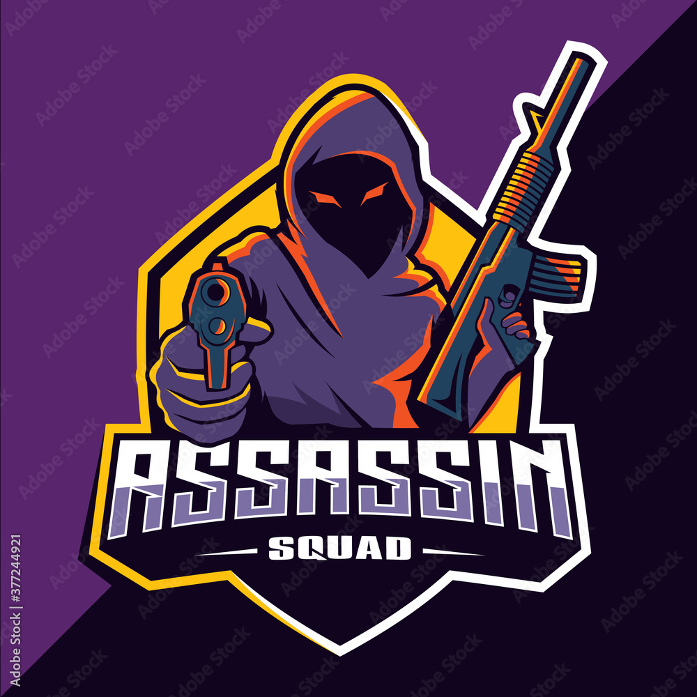 Assassin with guns mascot esport logo design