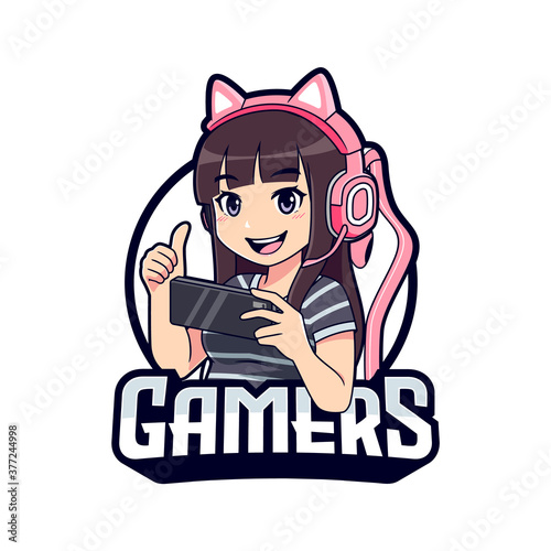 Cute gamer girl cartoon playing on smartphone esport logo template