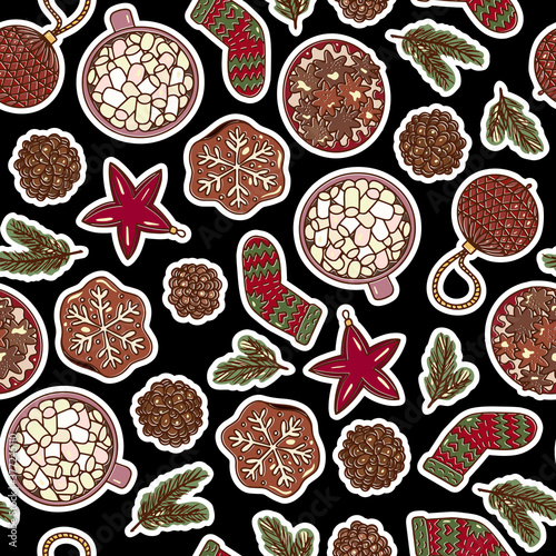 Winter seamless vector pattern. Christmas, holiday, new year design for packaging. fabrics, decor, scrapbooking. Illustration of gingerbread, pine cones, Christmas toys, fir tree branches