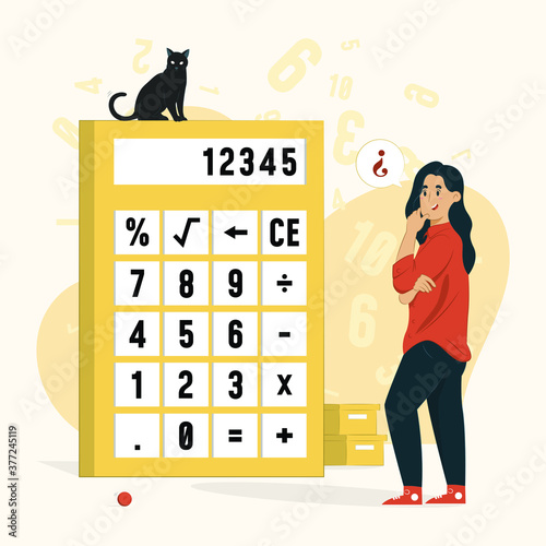 Calculator concept a woman with a big calculator illustration