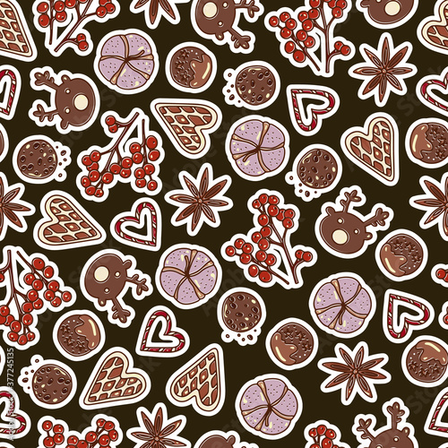 Winter seamless vector pattern. Christmas, holiday, new year design for packaging. fabrics, decor, scrapbooking. Illustration of gingerbread, pine cones, Christmas toys, fir tree branches