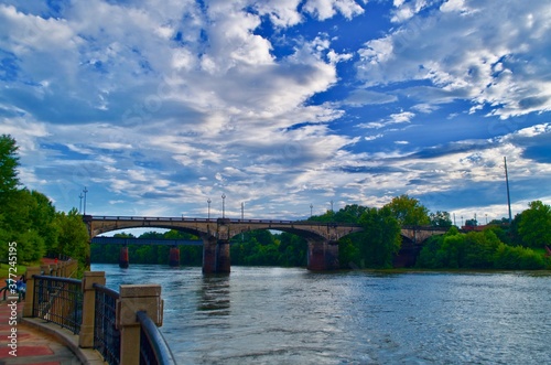 Beautiful Skyline at the arched bridge crossing 