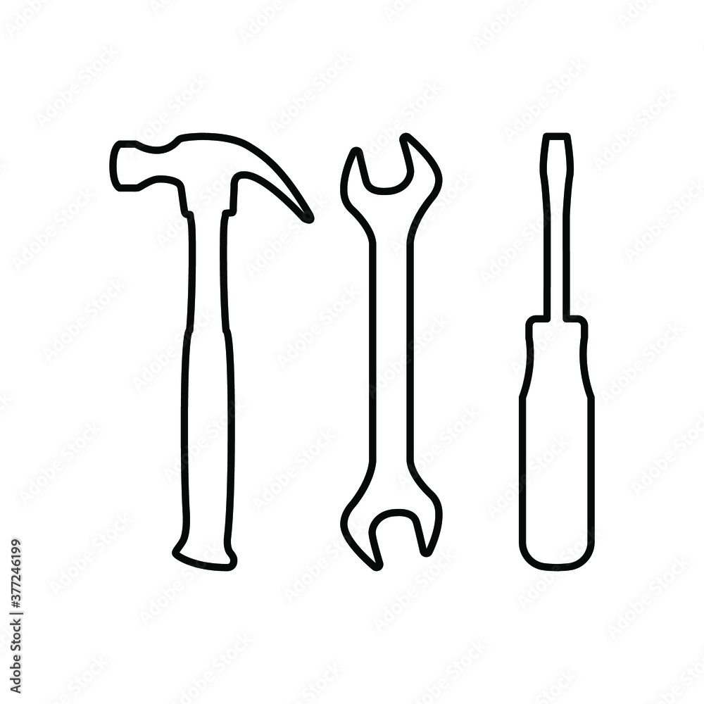 Vector illustration icon of hammer, wrench and screwdriver, mechanical repair tools, isolated on white background. Vector illustration icon of hammer, wrench and screwdriver, mechanical repair tools, isolated on white background.