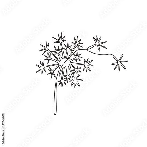 One single line drawing of beauty fresh taraxacum for garden logo. Printable decorative dandelion flower for home decor wall art poster print. Modern continuous line draw design vector illustration