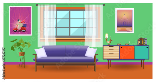 Living room interior with india furniture style and Oil Lamps (Diya) for Diwali celebration. Vector illustration.